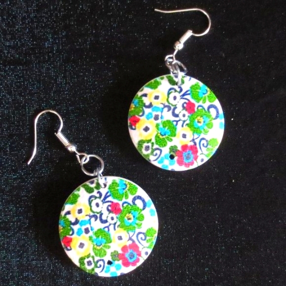 Hand Crafted Jewelry - Hand Crafted Pierced Earrings Red Blue Yellow Green Dainty Flowers Print Wood